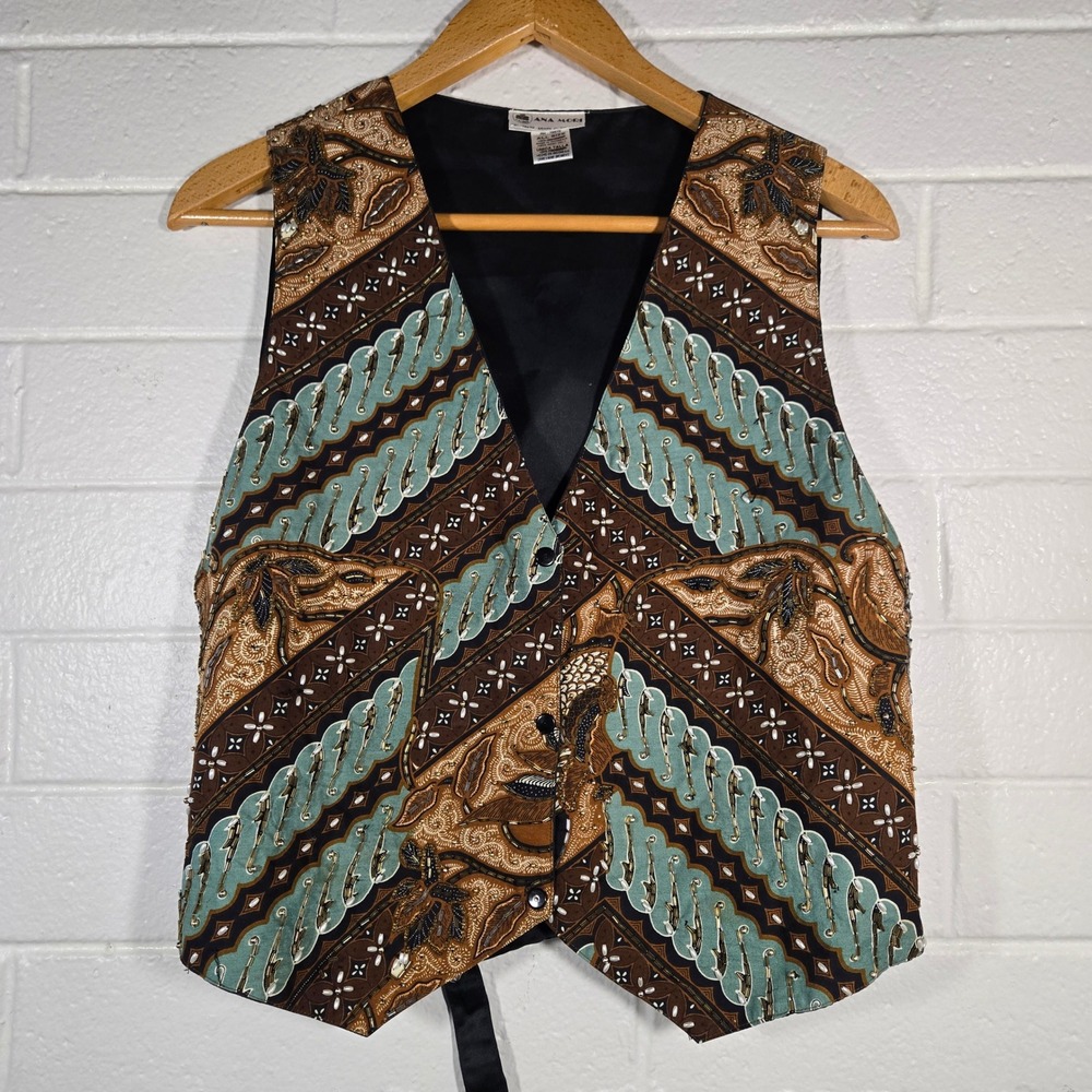 Vtg Ana Mori Batik Beaded Vest One Size‎ Brown Teal Embellished Boho Maximalist